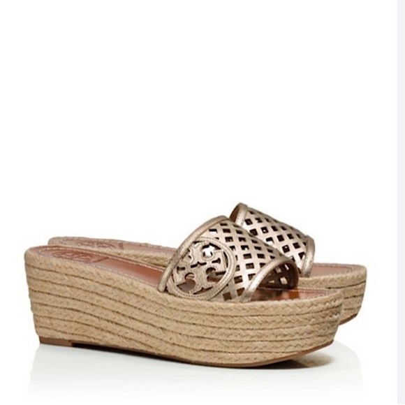 Tory Burch Thatched Perforated Bronze Espadrille Platform sandals size 10.5